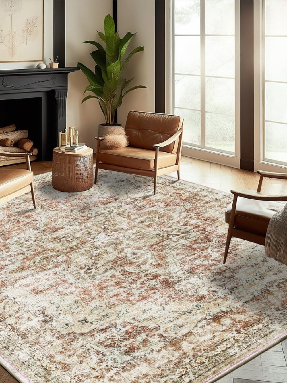 Washable Area Rug 8'x10' Retro Boho Design Non-Shedding Non-Slip Easy Care Ideal